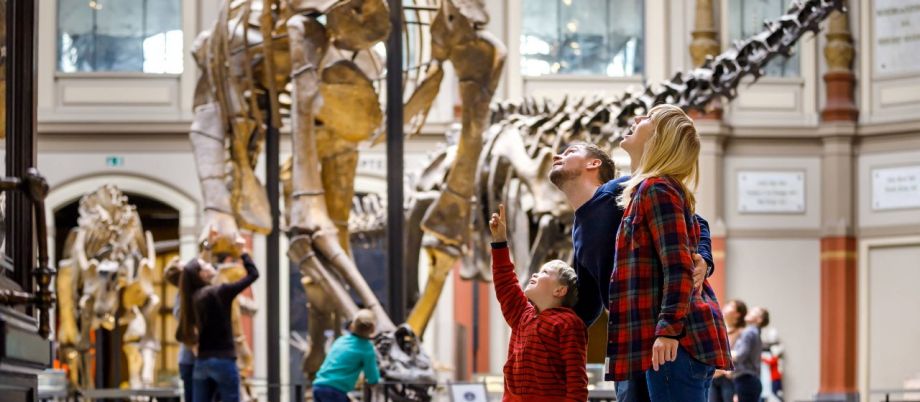 A family admires a dinosaur skeleton at the Museum für Naturkunde Berlin